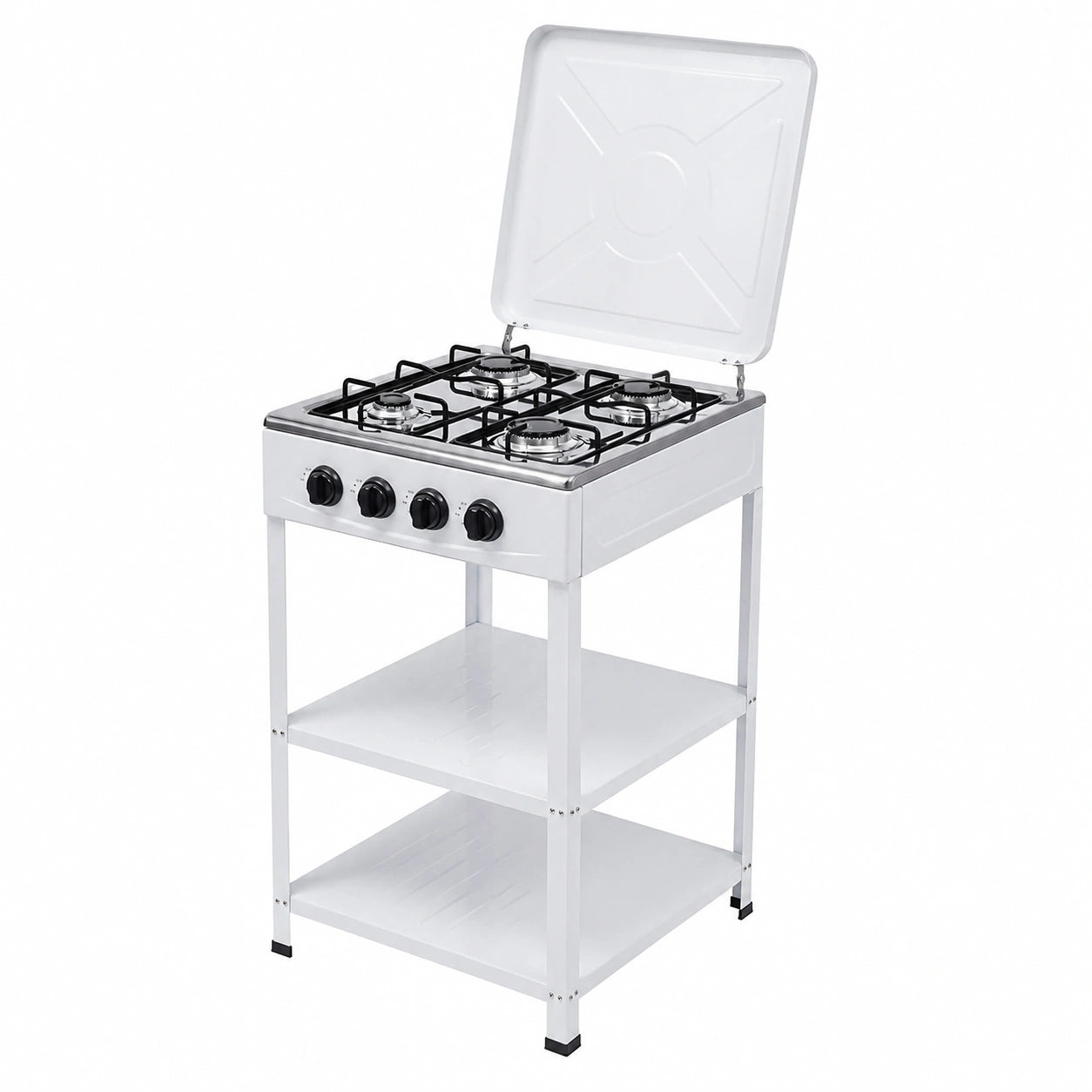 Fornello a Gas 4 Fuochi Bianco con Coperchio e Ripiani, Perfetto per Casa e Campeggio