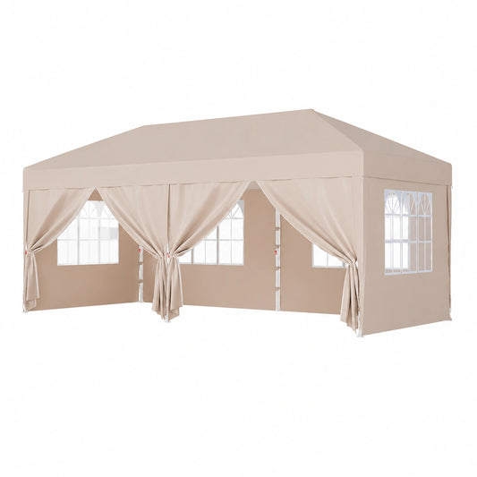Gazebo Pieghevole 3x6m con Altezza Regolabile, Struttura Robusta, Telo Impermeabile e Pareti Laterali, Include Sacchi di Sabbia e Borsa per Trasporto, Beige