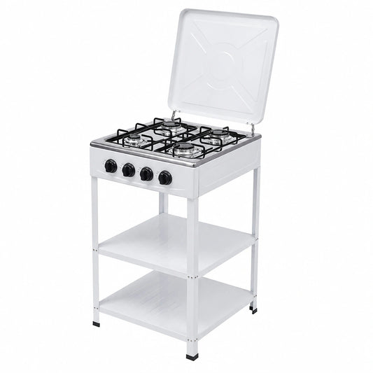Fornello a Gas 4 Fuochi Bianco con Coperchio e Ripiani, Perfetto per Casa e Campeggio