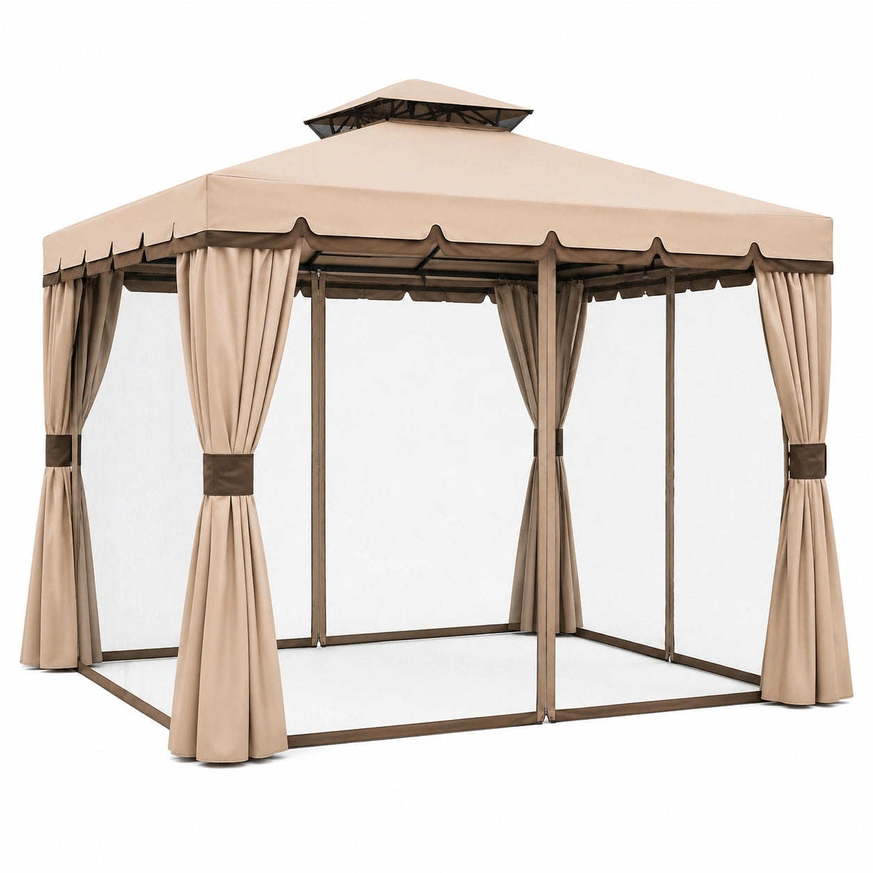 Gazebo da Giardino in Alluminio con Copertura Anti-UV e Antipioggia, Completo di Zanzariere e Teli Laterali, 3x3m