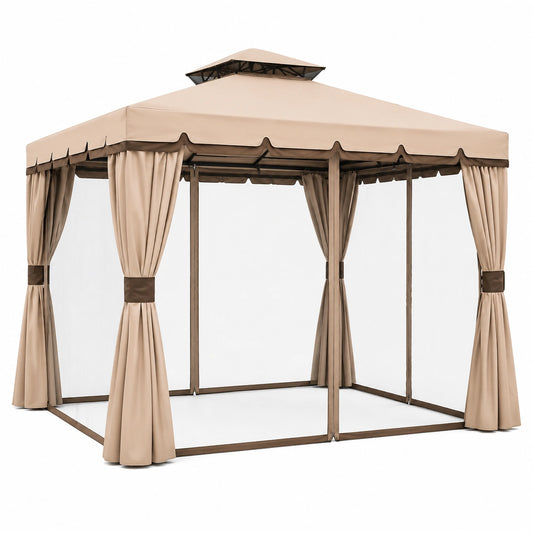 Gazebo da Giardino in Alluminio con Copertura Anti-UV e Antipioggia, Completo di Zanzariere e Teli Laterali, 3x3m