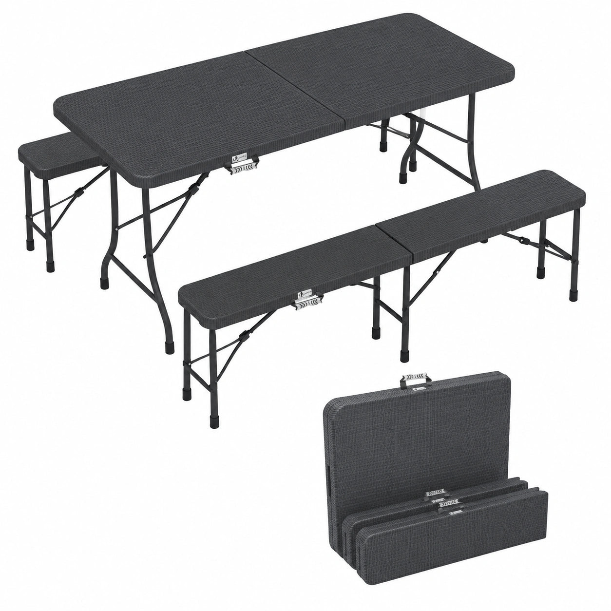 Set Tavolo e Panche in Stile Rattan Pieghevoli per Esterno, 180 cm, con Manici di Trasporto, Ideale per Giardino e Campeggio, Nero
