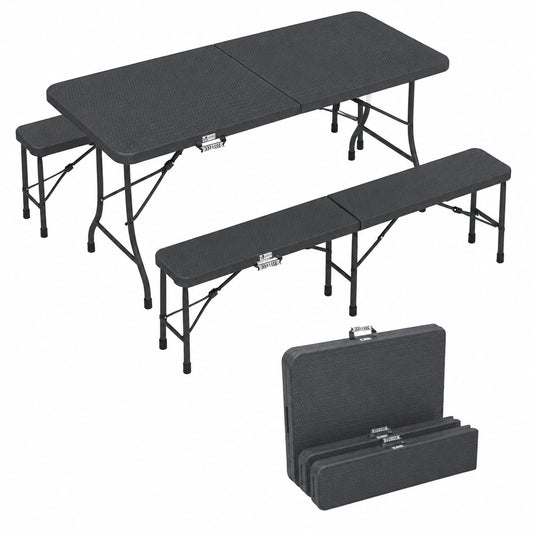 Set Tavolo e Panche in Stile Rattan Pieghevoli per Esterno, 180 cm, con Manici di Trasporto, Ideale per Giardino e Campeggio, Nero