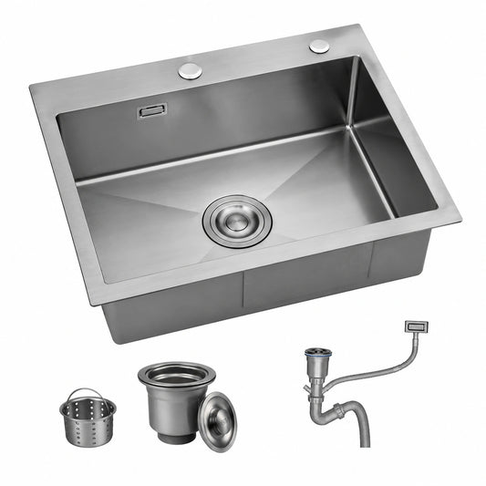 Lavello Cucina Nero in Acciaio Inox 55x45 cm, 1 Vasca, con Set Drenaggio e Fori Preforati, Adatto per Camper