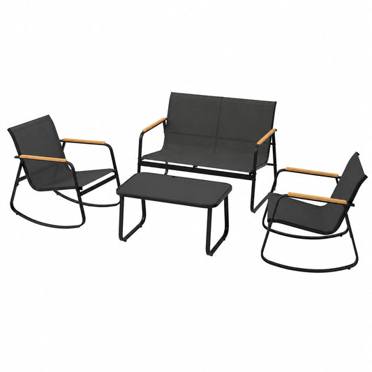 Set Mobili da Giardino 4 Pezzi con Poltrone, Panca Doppia e Tavolo in Vetro, Struttura in Acciaio e Tessuto Teslin