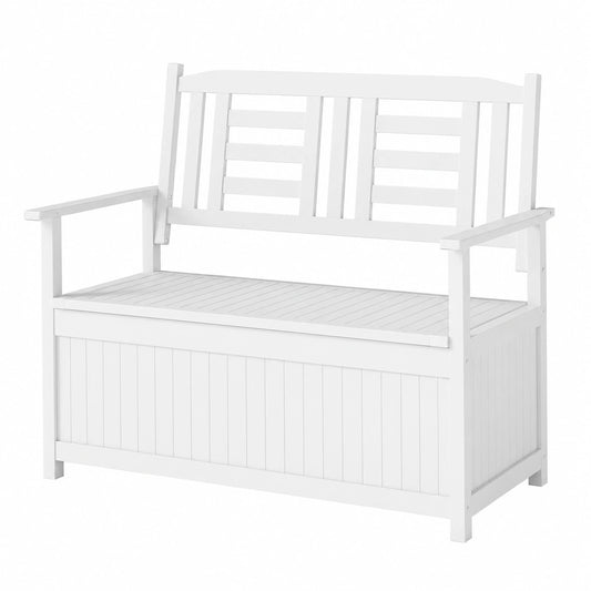Panca da Giardino in Legno con Contenitore, 2 Posti con Schienale e Braccioli, per Esterni e Ingresso, 123x68,5x96 cm, Bianco
