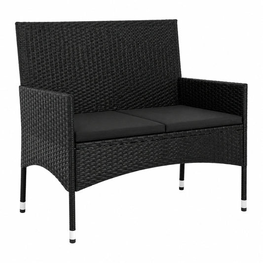 Panchina da Giardino a 2 Posti con Cuscini in Rattan Sintetico Nero