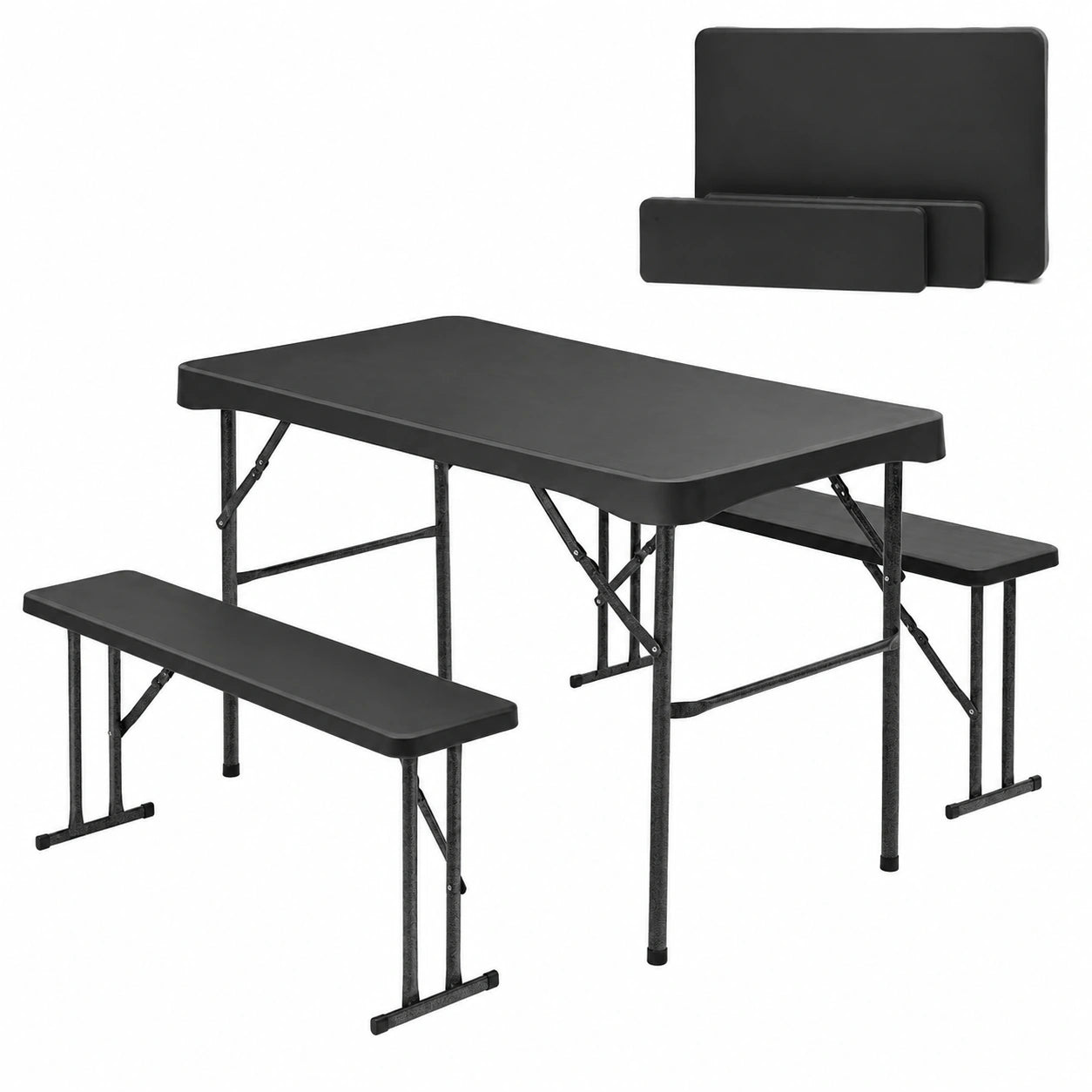 Set tavolo pranzo pieghevole in plastica con panche, per interni ed esterni, 113x61 cm, nero