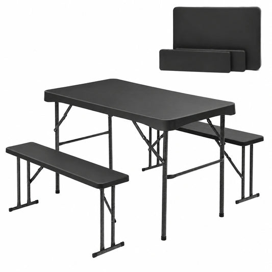 Set tavolo pranzo pieghevole in plastica con panche, per interni ed esterni, 113x61 cm, nero