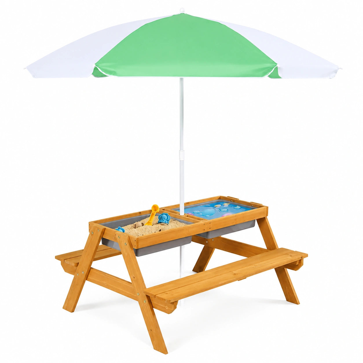 Set Picnic 3-in-1 per Bambini con Ombrellone e Vaschette, Panche in Legno di Abete