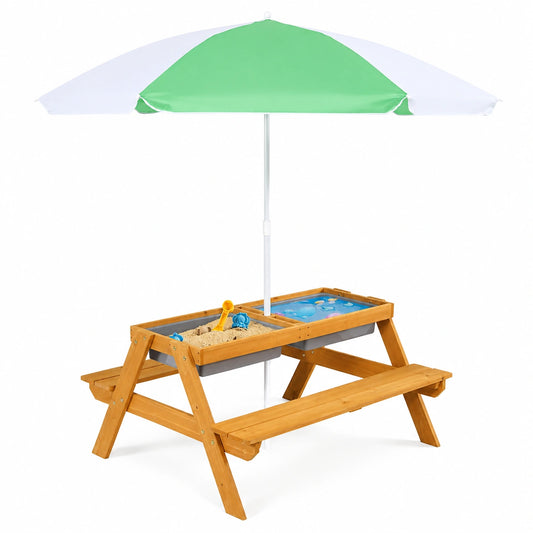 Set Picnic 3-in-1 per Bambini con Ombrellone e Vaschette, Panche in Legno di Abete