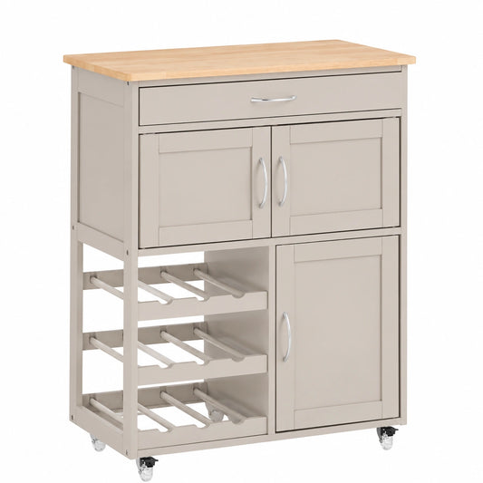 Carrello Cucina Multiuso con Ruote e Porta Bottiglie, Piano in Legno di Caucciù, 67x86x38 cm