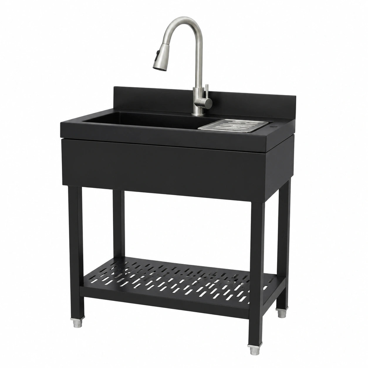 Lavello da cucina in acciaio inox nero con rubinetto estraibile e scolapiatti, 70x50x90 cm, ideale per esterni e campeggio