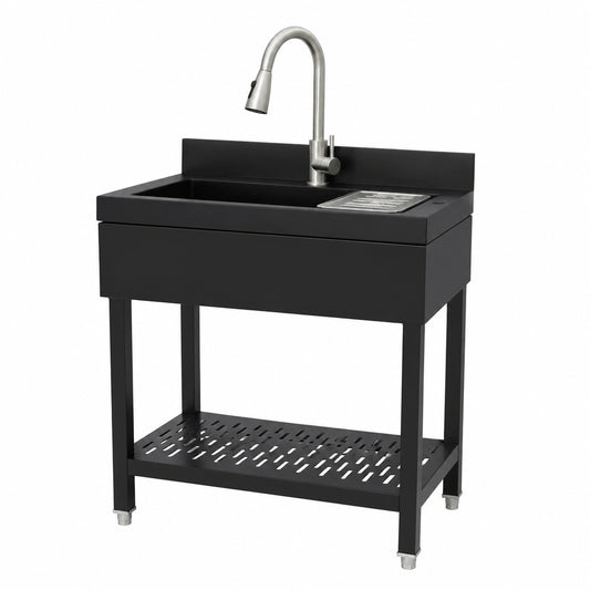 Lavello da cucina in acciaio inox nero con rubinetto estraibile e scolapiatti, 70x50x90 cm, ideale per esterni e campeggio