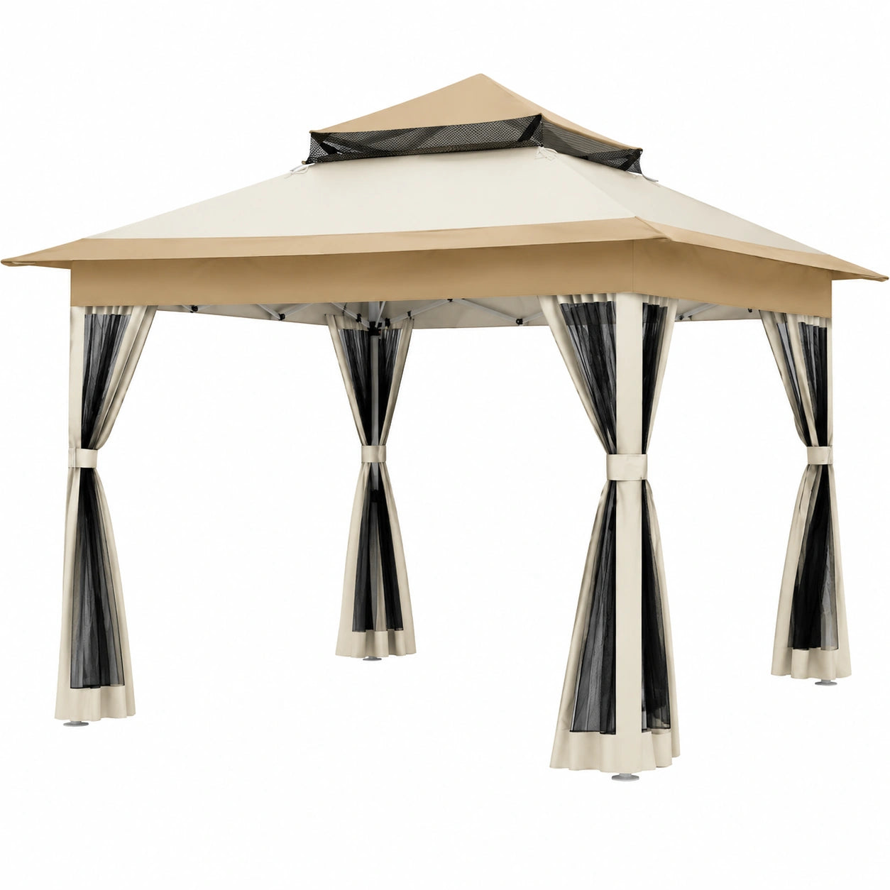 Gazebo Pieghevole da Giardino 3.6x3.6m con Pareti in Rete, Doppio Tetto Beige, Include Sacchi di Sabbia e Borsa