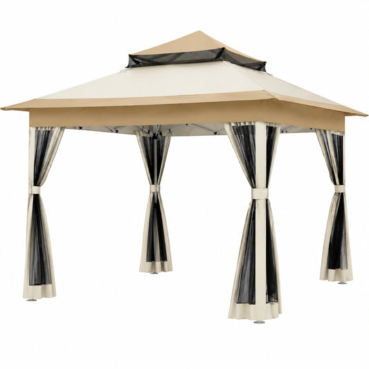 Gazebo Pieghevole da Giardino 3.6x3.6m con Pareti in Rete, Doppio Tetto Beige, Include Sacchi di Sabbia e Borsa
